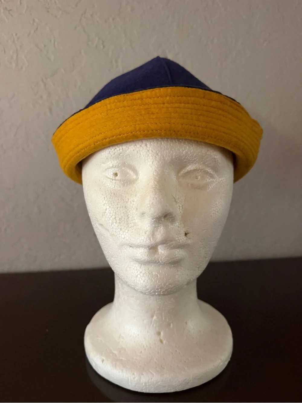 Vintage Collegiate Dink Beanie Cap Navy Blue Mustard Yellow Wool Felt Small